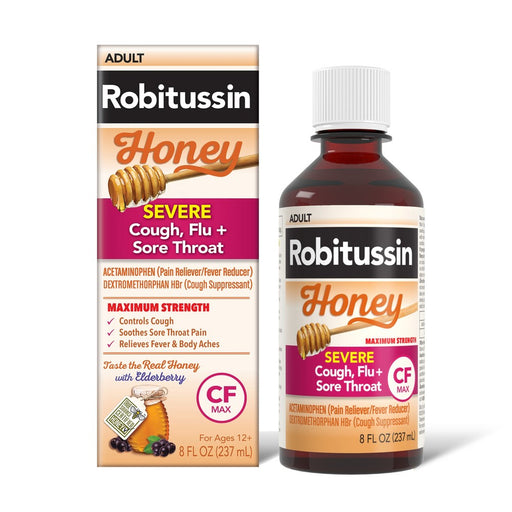 Robitussin Robitussin Adult Severe Cough Flu + Sore Throat Cf  Max Liquid Honey   8 Oz Health & Beauty White Smoke