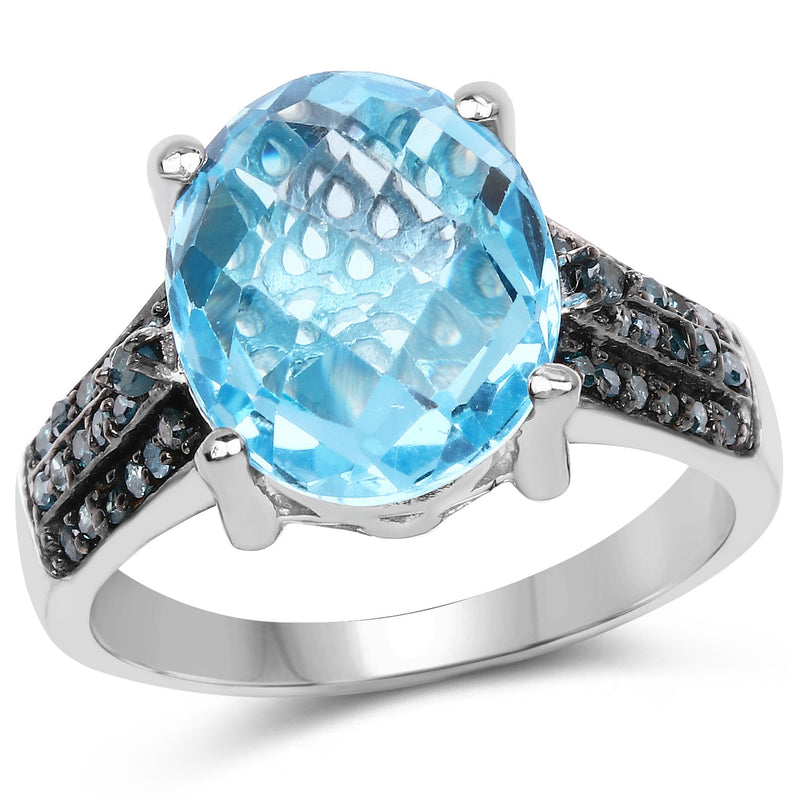 Bids.com 5.51 Carat Genuine Baby Swiss Blue Topaz and Blue Diamond .925 Sterling Silver Ring Rings White Smoke size 6.00,size 7.00,size 8.00,size 9.00