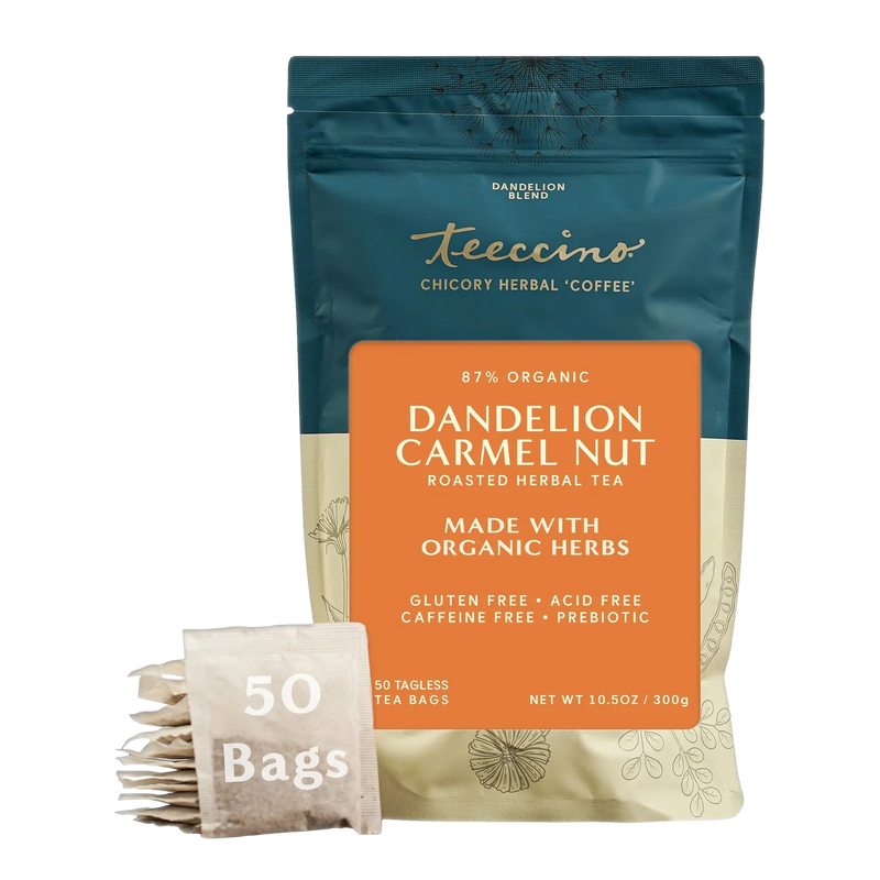 Teeccino Dandelion Caramel Nut Roasted Herbal Tea Herbal Tea Black 50ct loose tagless tea bags
