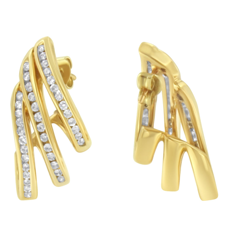 Bids.com 10K Yellow Gold 1.0 Cttw Round Brilliant Cut Diamond Spiral Multi Row Channel Set Open Hoop Pushback Stud Earrings (H-I Color, I1-I2 Clarity) Earrings White Smoke Yellow.Gold / 1