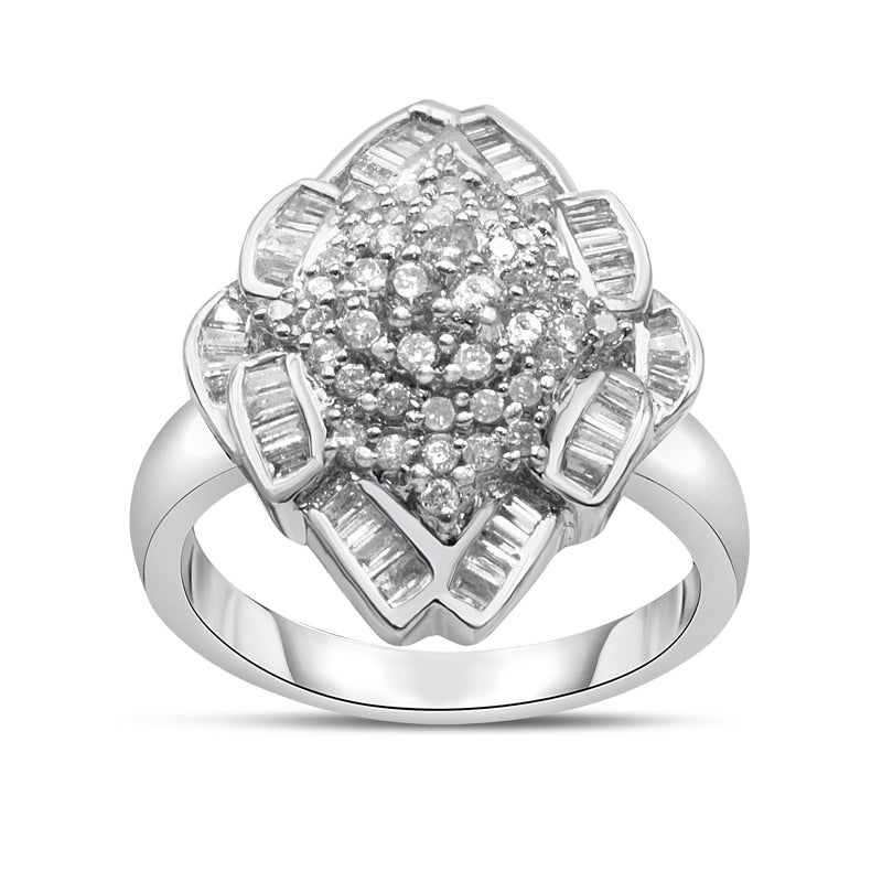 Bids.com 14K White Gold 7/8 Cttw Round and Baguette-Cut Diamond Cluster Ring (H-I Color, SI2-I1 Clarity) - Size 7 Rings White Smoke 7 / White.Gold
