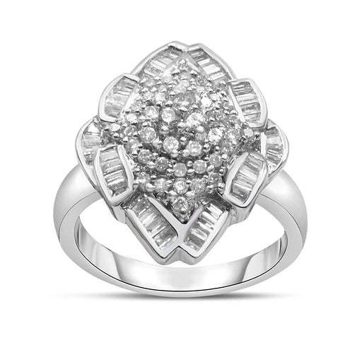 Bids.com 14K White Gold 7/8 Cttw Round and Baguette-Cut Diamond Cluster Ring (H-I Color, SI2-I1 Clarity) - Size 7 Rings White Smoke 7 / White.Gold