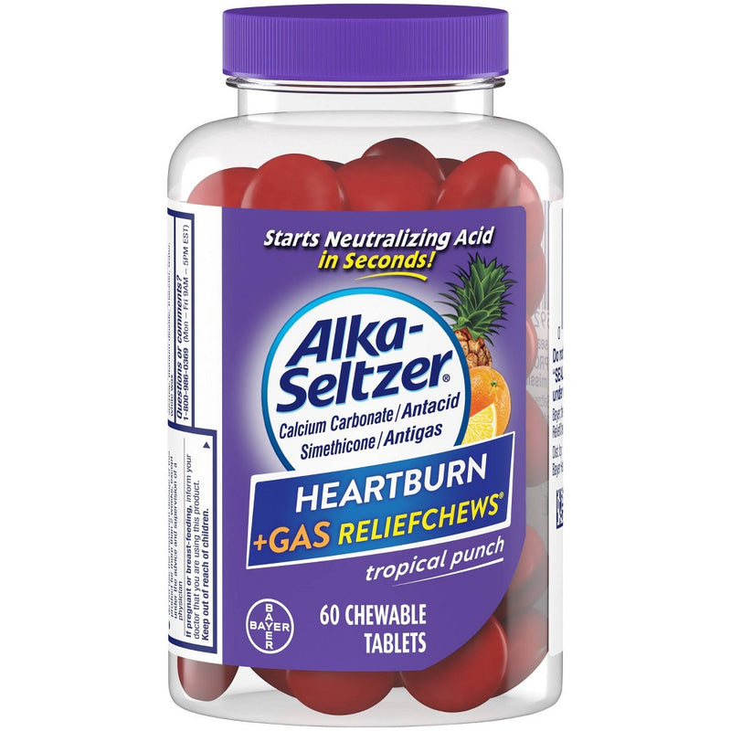Alka-Seltzer Alka-Seltzer Heartburn Relief + Gas Relief, Extra Strength Antacid, Tropical Fruit, 60 Chewable Tablets Medicine & Drugs White Smoke