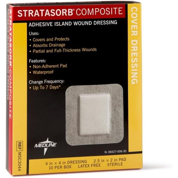 Medline Stratasorb Composite Waterproof Island Dressing   4x4 10 Pack Medical Tape & Bandages Black