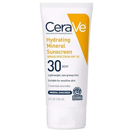 CeraVe CeraVe Hydrating Mineral Sunscreen SPF 30 | 100% Mineral Body Lotion with Zinc Oxide & Titanium Dioxide | 5 oz Sunscreen White Smoke