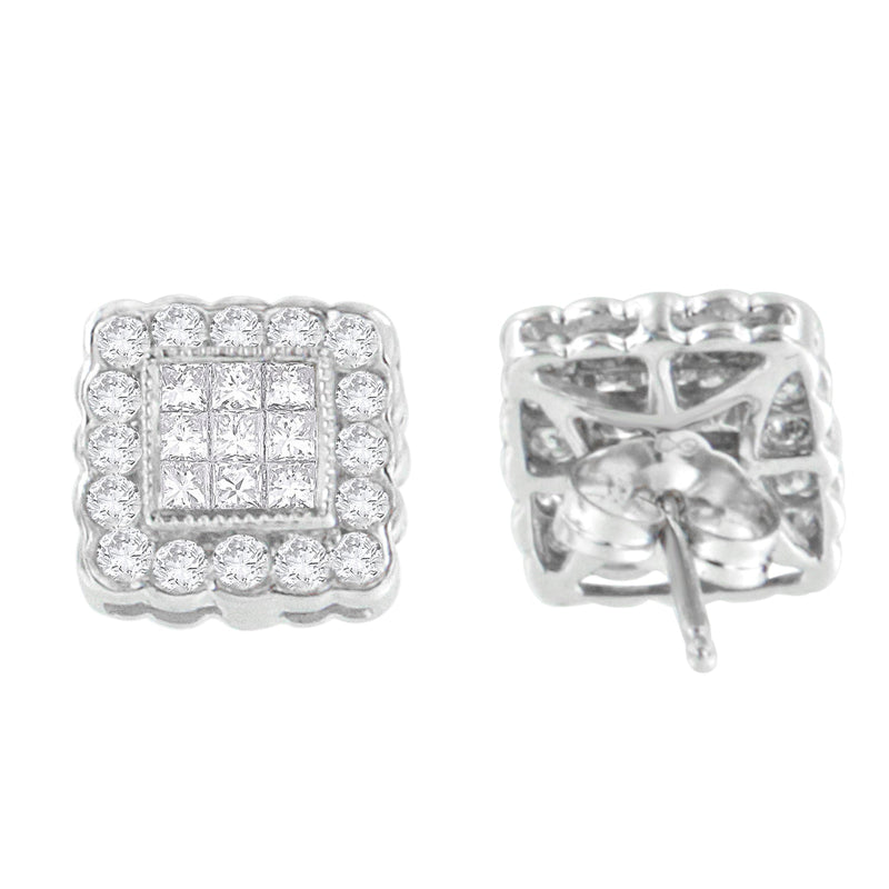 Bids.com 14K White Gold 1.0 Cttw Round Brilliant & Princess Cut Diamond Scallop-Edge Framed Square Halo Stud Earrings (G-H Color, SI1-SI2 Clarity) Earrings White Smoke White.Gold / 1.01