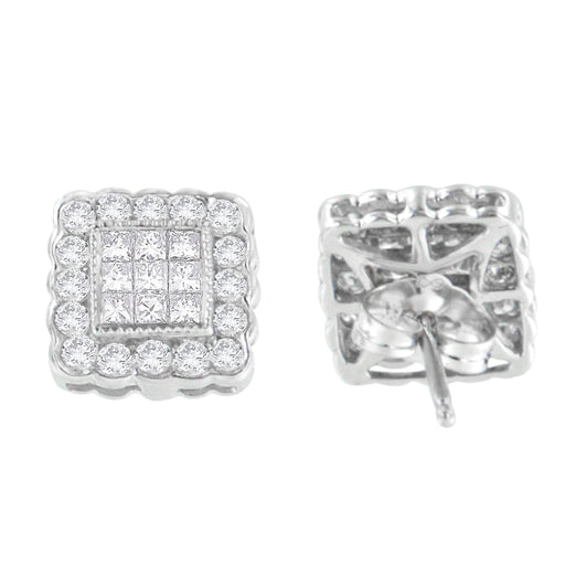 Bids.com 14K White Gold 1.0 Cttw Round Brilliant & Princess Cut Diamond Scallop-Edge Framed Square Halo Stud Earrings (G-H Color, SI1-SI2 Clarity) Earrings White Smoke White.Gold / 1.01