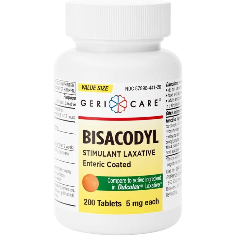 GeriCare Bisacodyl 5mg Stimulant Laxative Enteric Coated Tablets, Fast-Acting Constipation Relief 200 Count