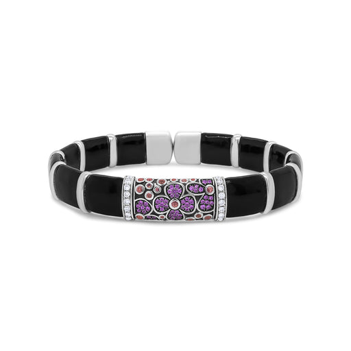 Bids.com .925 Sterling Silver Black and Brown Enamel 1/3 Cttw Round Diamonds and Pink and Orange Sapphire Gemstones Floral Statement Bangle Bracelet (F-G Color, VS1-VS2 Clarity) - Size 7.75" Bracelets White Smoke White.Sterling Silver / 7.75