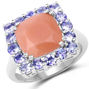 Bids.com 6.70 Carat Genuine Peach Moonstone and Tanzanite .925 Sterling Silver Ring Rings White Smoke size 7.00,size 8.00,size 9.00,size 6.00