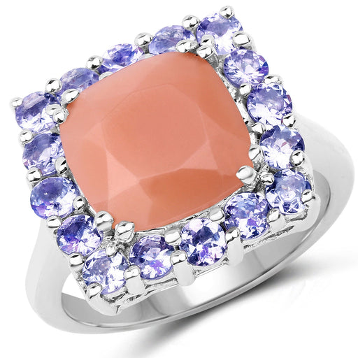 Bids.com 6.70 Carat Genuine Peach Moonstone and Tanzanite .925 Sterling Silver Ring Rings White Smoke size 7.00,size 8.00,size 9.00,size 6.00