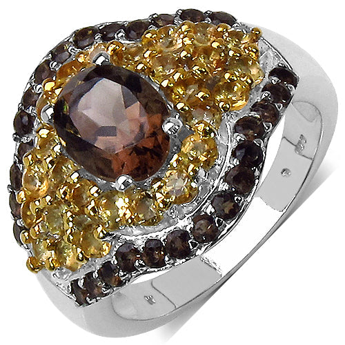 Bids.com 2.56 Carat Genuine Smoky Quartz & Citrine .925 Sterling Silver Ring Rings White Smoke size 6.00,size 7.00,size 8.00,size 9.00