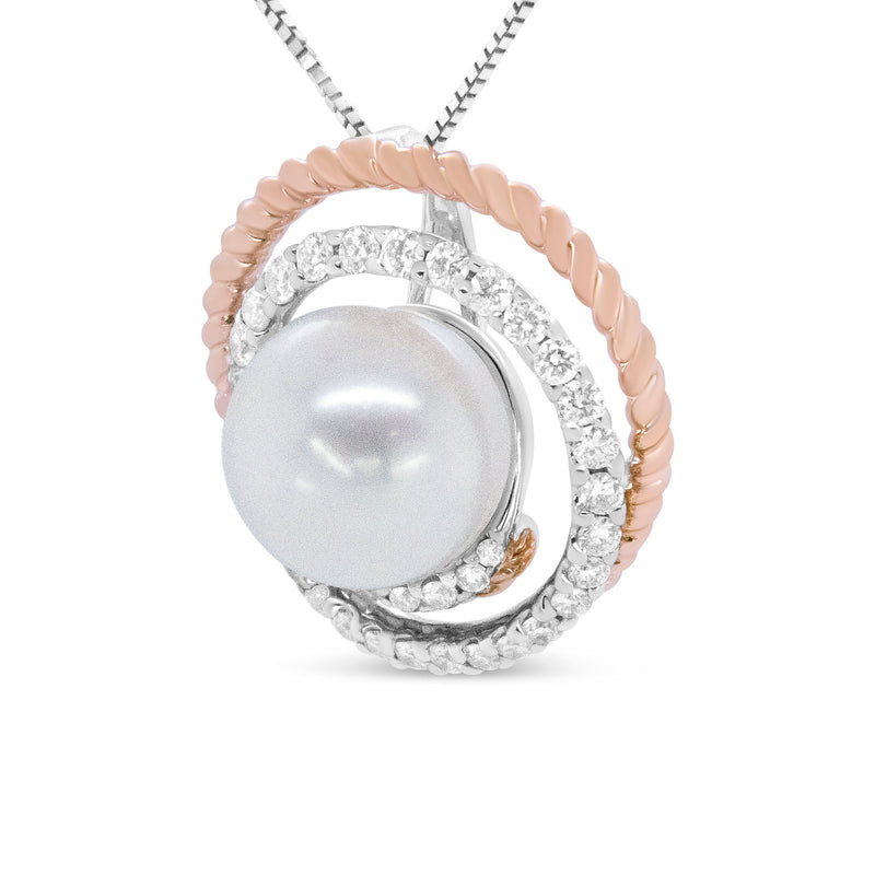 Bids.com 14K Rose and White Gold 3/8 Cttw Pave Diamond and 9mm Round Pearl Spiral Openwork 18" Pendant Necklace- (H-I Color, VS1-VS2 Clarity) Necklaces White Smoke WhiteRose.Gold / 18