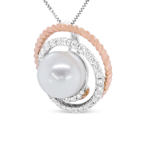 Bids.com 14K Rose and White Gold 3/8 Cttw Pave Diamond and 9mm Round Pearl Spiral Openwork 18" Pendant Necklace- (H-I Color, VS1-VS2 Clarity) Necklaces White Smoke WhiteRose.Gold / 18
