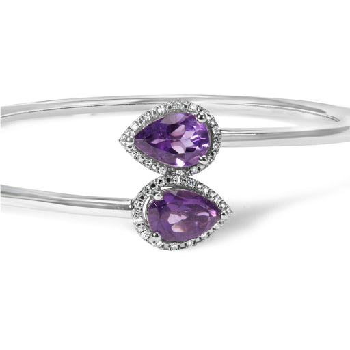 Bids.com .925 Sterling Silver 8 x 5.5mm Pear Shape Amethyst  and Diamond Accent Halo Bypass Bangle Bracelet (H-I Color, SI1-SI2 Clarity)  - Fits up to 7" Inches Bracelets White Smoke White.Sterling Silver / 7