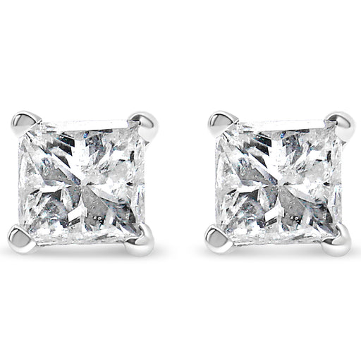 Bids.com AGS Certified 14k White Gold 1.0 Cttw 4-Prong Set Princess-Cut Solitaire Diamond Push Back Stud Earrings for Women (E-F Color, I1-I2 Clarity) Earrings White Smoke White.Gold / 1