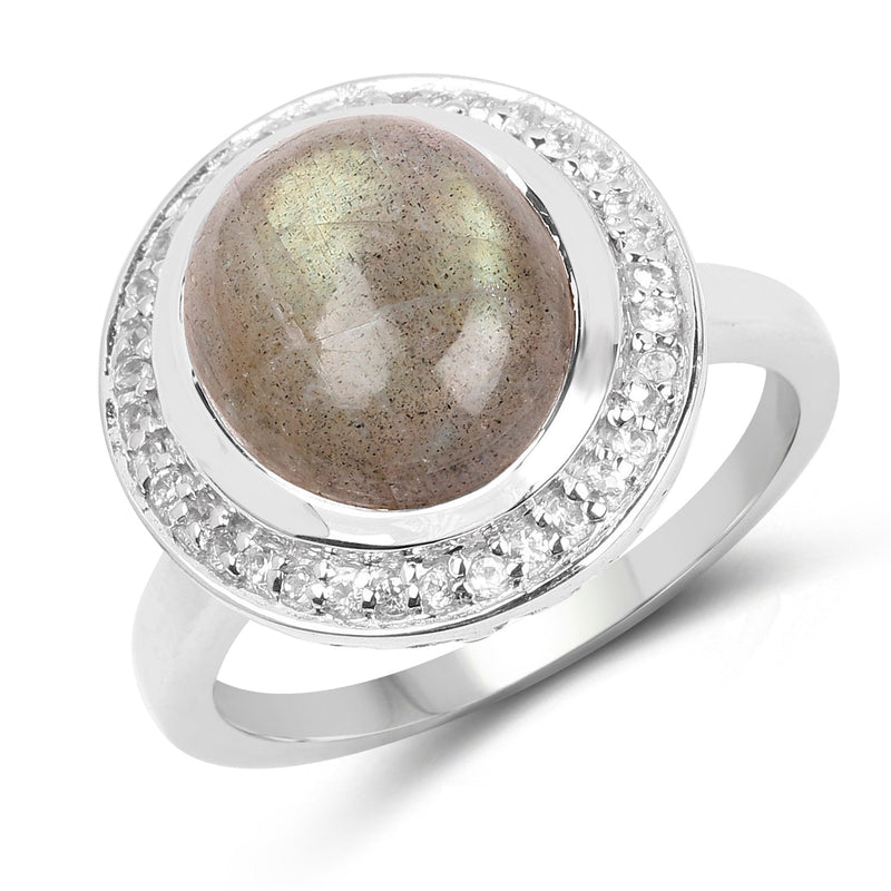 Bids.com 5.43 Carat Genuine Labradorite and White Topaz .925 Sterling Silver Ring Rings White Smoke size 7.00,size 6.00,size 8.00,size 9.00