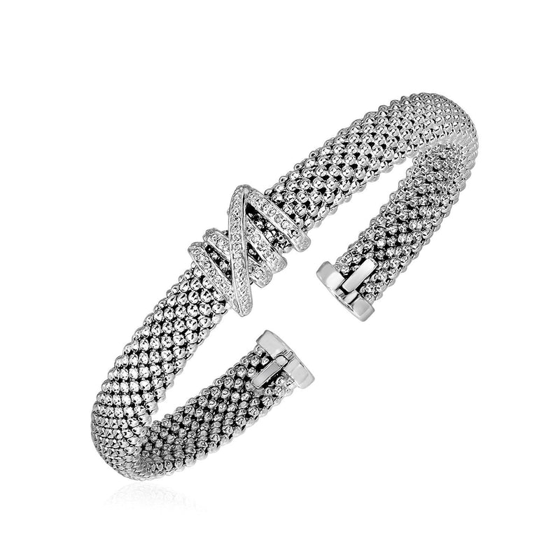 Bids.com Popcorn Texture Cuff Bangle with Diamonds in Sterling Silver Bracelets White Smoke Sterling Silver