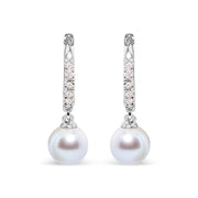 Bids.com 10K White Gold 6x6 MM Cultured Freshwater Pearl and Diamond Accent Drop Huggy Earring (H-I Color, I1-I2 Clarity) Earrings White Smoke White.Gold / 0.12