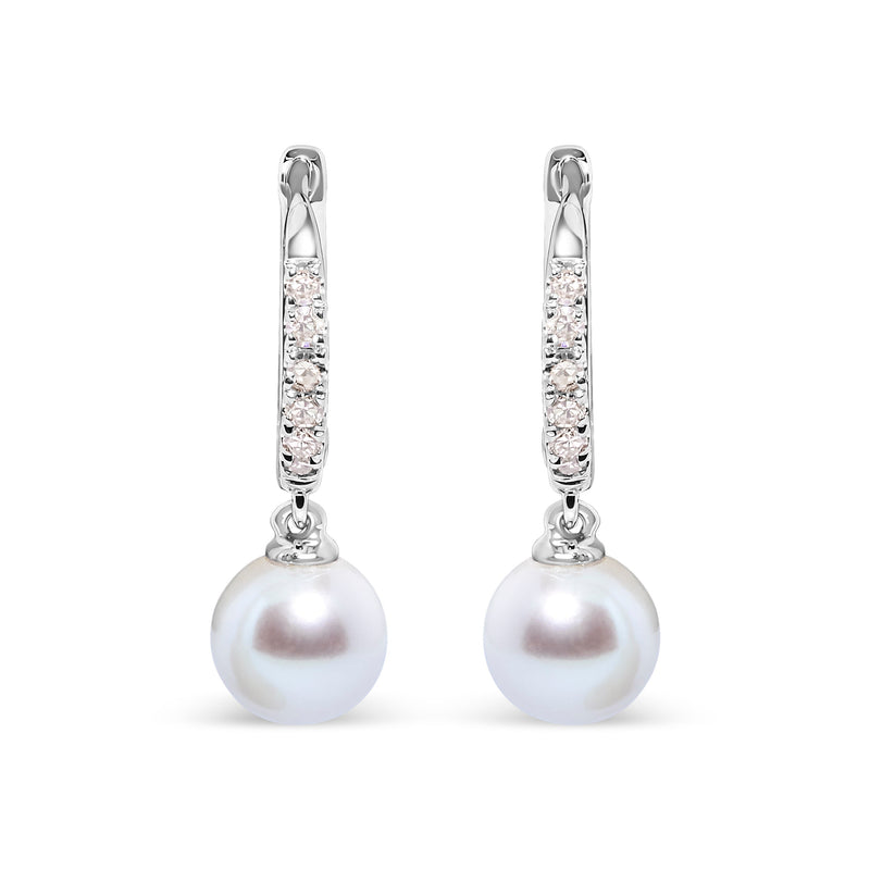 Bids.com 10K White Gold 6x6 MM Cultured Freshwater Pearl and Diamond Accent Drop Huggy Earring (H-I Color, I1-I2 Clarity) Earrings White Smoke White.Gold / 0.12
