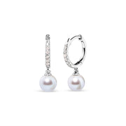 Bids.com 10K White Gold 6x6 MM Cultured Freshwater Pearl and Diamond Accent Drop Huggy Earring (H-I Color, I1-I2 Clarity) Earrings White Smoke White.Gold / 0.12