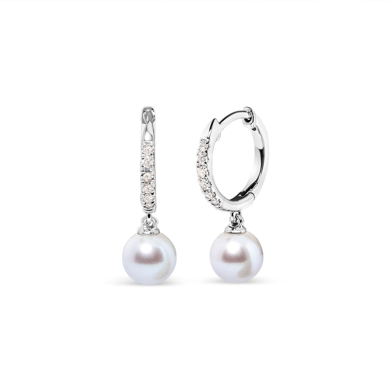 Bids.com 10K White Gold 6x6 MM Cultured Freshwater Pearl and Diamond Accent Drop Huggy Earring (H-I Color, I1-I2 Clarity) Earrings White Smoke White.Gold / 0.12