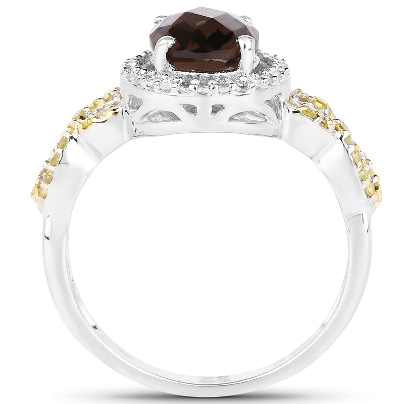 Bids.com 1.90 Carat Genuine Smoky Quartz, Yellow Diamond & White Diamond .925 Sterling Silver Ring Rings White Smoke size 8.00,size 6.00,size 7.00,size 9.00,size 5.00,size 10.00