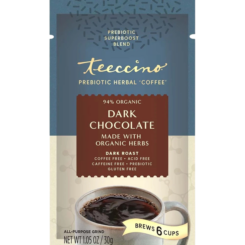 Teeccino Dark Chocolate Prebiotic SuperBoost Herbal Coffee Herbal Coffee Saddle Brown 10 ounce ground,5lb ground,Trial Size