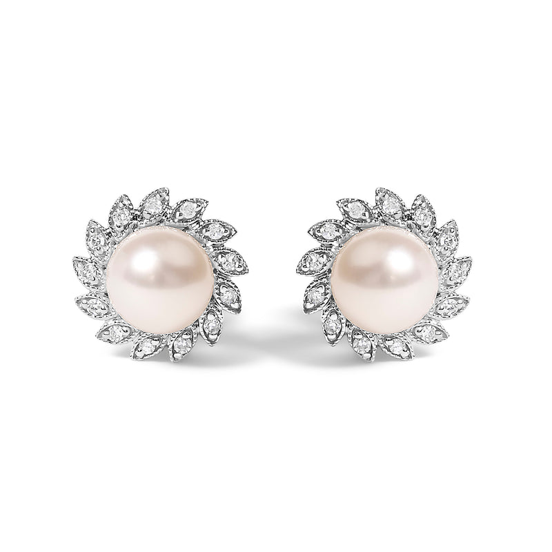 Bids.com 10K White Gold Heirloom-Style Pearl and Diamond Accent Halo Stud Earrings (I-J color, I1-I2 Clarity) Earrings White Smoke White.Gold / 0.104