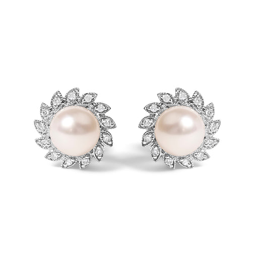 Bids.com 10K White Gold Heirloom-Style Pearl and Diamond Accent Halo Stud Earrings (I-J color, I1-I2 Clarity) Earrings White Smoke White.Gold / 0.104