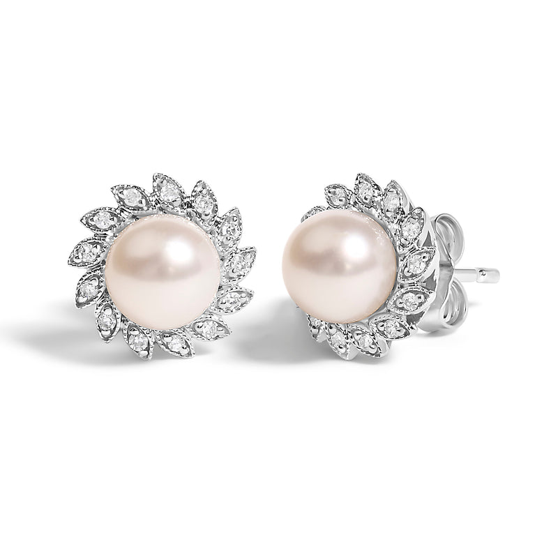 Bids.com 10K White Gold Heirloom-Style Pearl and Diamond Accent Halo Stud Earrings (I-J color, I1-I2 Clarity) Earrings White Smoke White.Gold / 0.104
