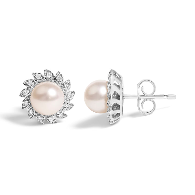 Bids.com 10K White Gold Heirloom-Style Pearl and Diamond Accent Halo Stud Earrings (I-J color, I1-I2 Clarity) Earrings White Smoke White.Gold / 0.104