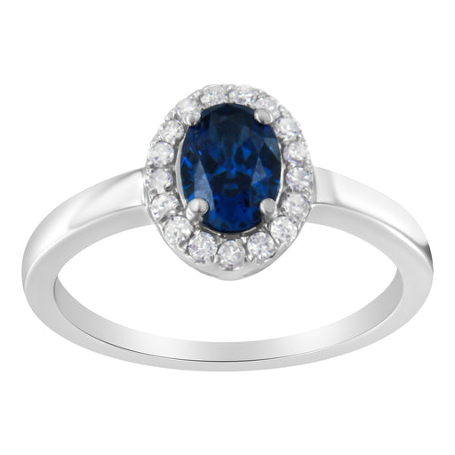 Bids.com 10K White Gold 1/5 Cttw Round Diamond and Prong Set 7MM Created Blue Sapphire Halo Cocktail Ring (H-I Color, I1-I2 Clarity) - Size 7 Rings White Smoke 7 / White.Gold