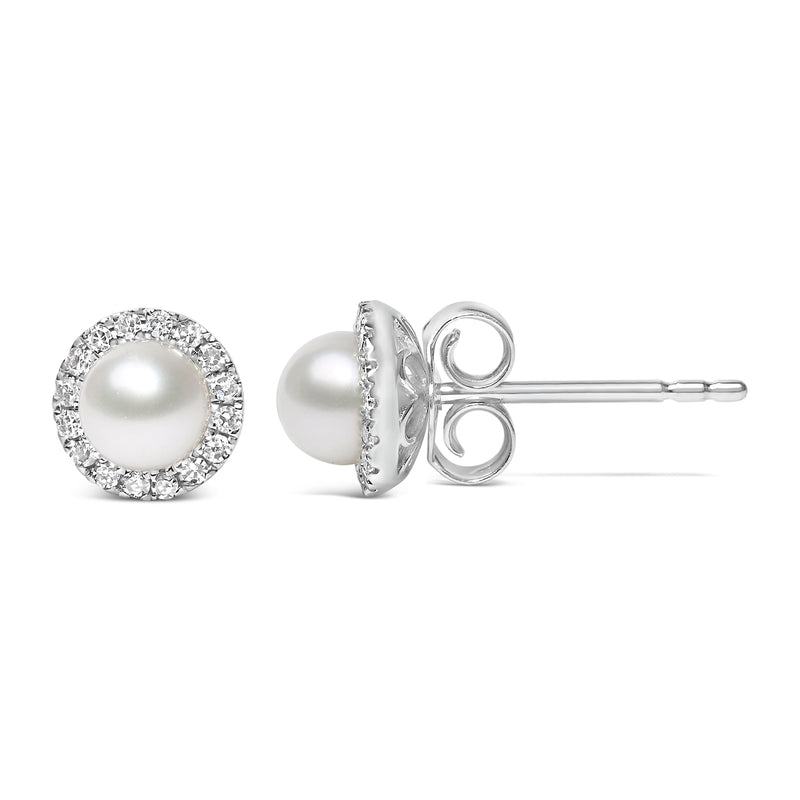 Bids.com 10K White Gold 4.5mm Cultured Freshwater Pearl and 1/7 Cttw Diamond Halo Stud Earring (I-J Color, I1-I2 Clarity) Earrings White Smoke White.Gold / 0.136