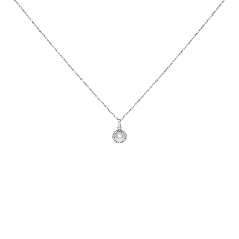 Bids.com 10K White Gold 5MM Cultured Pearl and Diamond Accent Halo Pendant Necklace Necklaces White Smoke White.Gold / 18