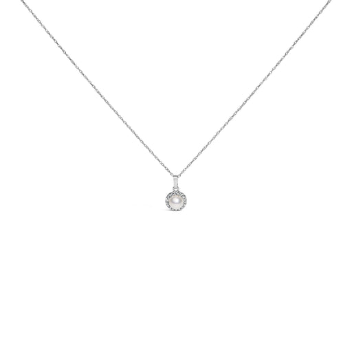 Bids.com 10K White Gold 5MM Cultured Pearl and Diamond Accent Halo Pendant Necklace Necklaces White Smoke White.Gold / 18