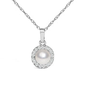 Bids.com 10K White Gold 5MM Cultured Pearl and Diamond Accent Halo Pendant Necklace Necklaces White Smoke White.Gold / 18