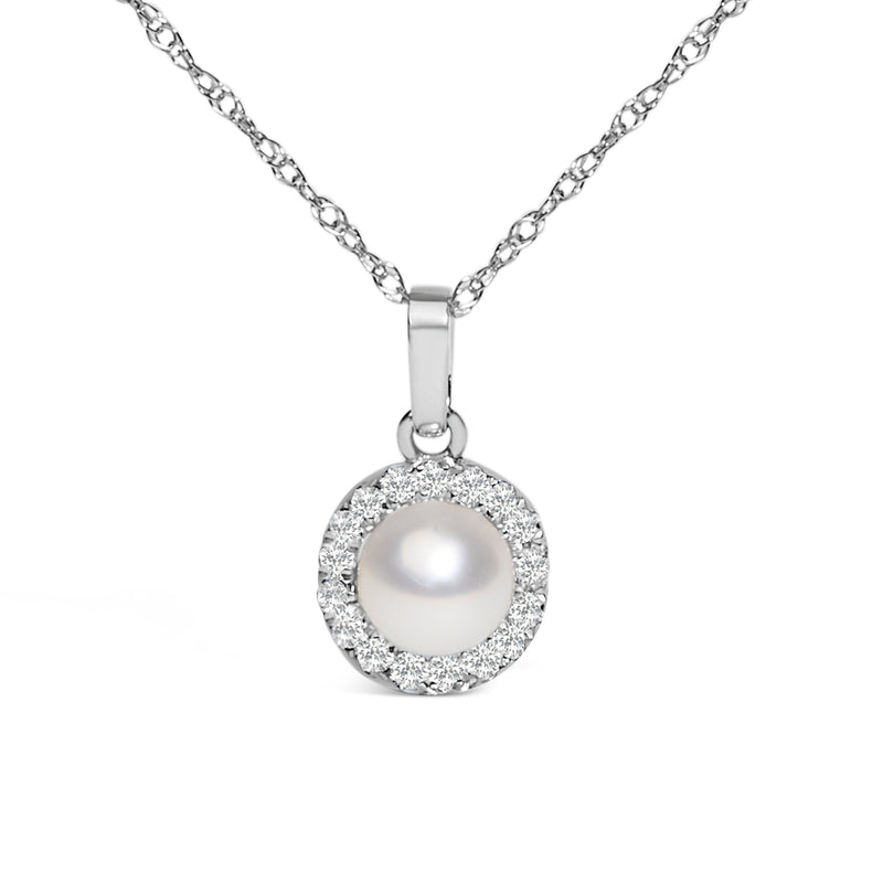 Bids.com 10K White Gold 5MM Cultured Pearl and Diamond Accent Halo Pendant Necklace Necklaces White Smoke White.Gold / 18