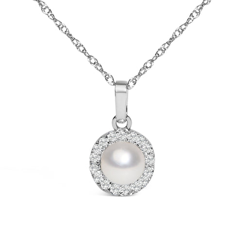 Bids.com 10K White Gold 5MM Cultured Pearl and Diamond Accent Halo Pendant Necklace Necklaces White Smoke White.Gold / 18