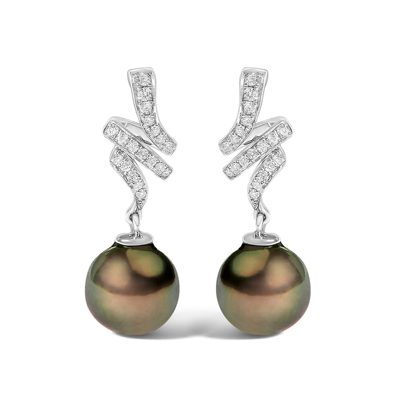 Bids.com 14K White Gold 9MM Cultured Black Pearl and Diamond Accent Drop and Dangle Earrings (I-J Color, SI1-SI2 Clarity) Earrings White Smoke White.Gold / 0.196