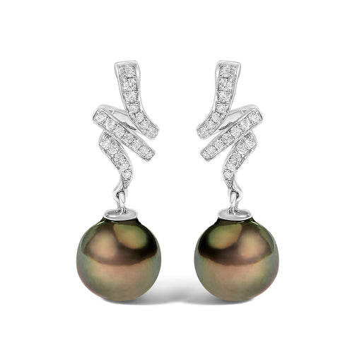 Bids.com 14K White Gold 9MM Cultured Black Pearl and Diamond Accent Drop and Dangle Earrings (I-J Color, SI1-SI2 Clarity) Earrings White Smoke White.Gold / 0.196
