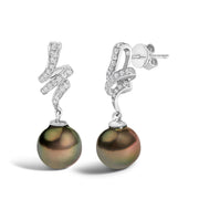 Bids.com 14K White Gold 9MM Cultured Black Pearl and Diamond Accent Drop and Dangle Earrings (I-J Color, SI1-SI2 Clarity) Earrings White Smoke White.Gold / 0.196