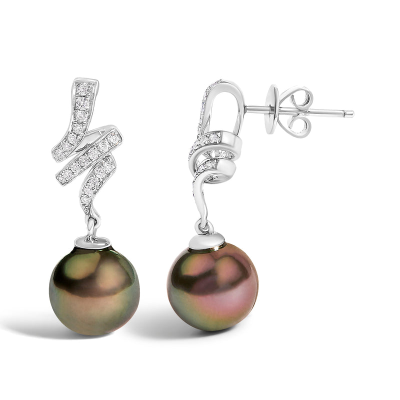 Bids.com 14K White Gold 9MM Cultured Black Pearl and Diamond Accent Drop and Dangle Earrings (I-J Color, SI1-SI2 Clarity) Earrings White Smoke White.Gold / 0.196