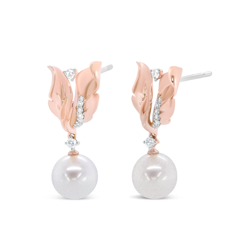 Bids.com 14K Rose Gold 1/6 Cttw Round Diamond and 8mm Round Pearl Floral Drop Stud Earrings (H-I Color, I1-I2 Clarity) Earrings White Smoke Rose.Gold / 0.15
