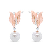 Bids.com 14K Rose Gold 1/6 Cttw Round Diamond and 8mm Round Pearl Floral Drop Stud Earrings (H-I Color, I1-I2 Clarity) Earrings White Smoke Rose.Gold / 0.15