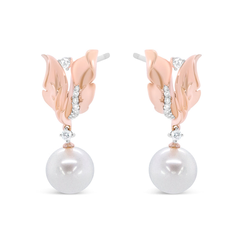 Bids.com 14K Rose Gold 1/6 Cttw Round Diamond and 8mm Round Pearl Floral Drop Stud Earrings (H-I Color, I1-I2 Clarity) Earrings White Smoke Rose.Gold / 0.15