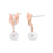 Bids.com 14K Rose Gold 1/6 Cttw Round Diamond and 8mm Round Pearl Floral Drop Stud Earrings (H-I Color, I1-I2 Clarity) Earrings White Smoke Rose.Gold / 0.15