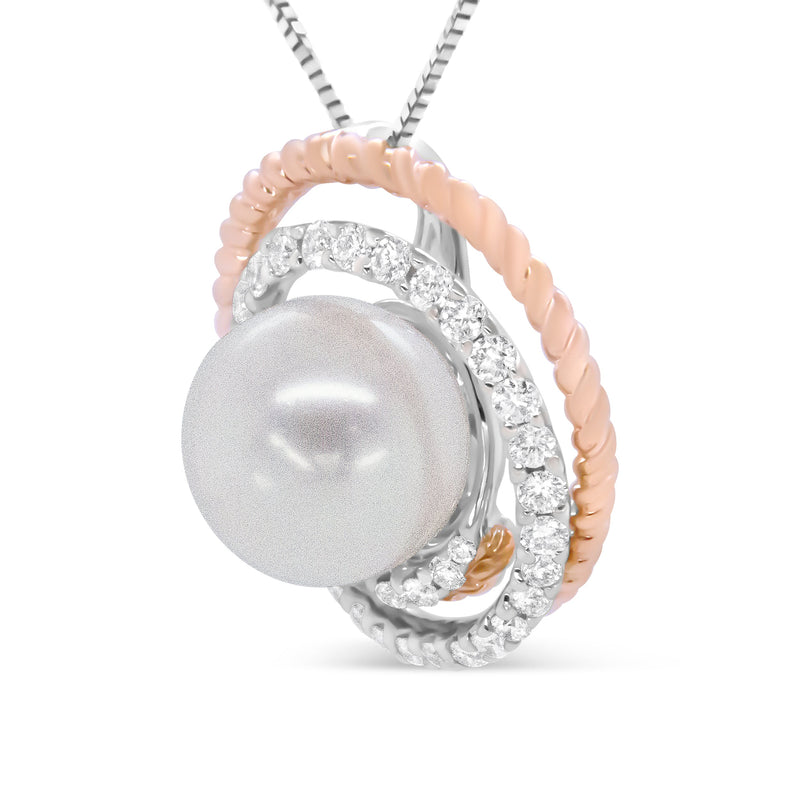 Bids.com 14K Rose and White Gold 3/8 Cttw Pave Diamond and 9mm Round Pearl Spiral Openwork 18" Pendant Necklace- (H-I Color, VS1-VS2 Clarity) Necklaces White Smoke WhiteRose.Gold / 18