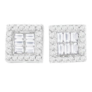 Bids.com 14K White Gold 1 cttw Round and Baguette Diamond Stud Earrings (H-I, SI1-SI2) Earrings Light Gray White.Gold / 0.99