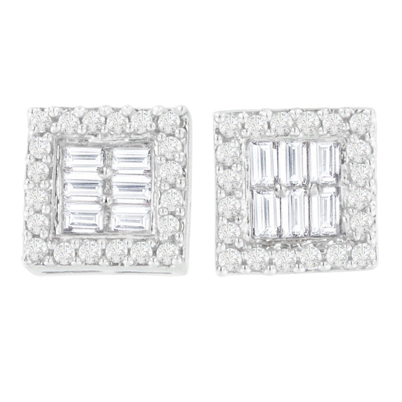 Bids.com 14K White Gold 1 cttw Round and Baguette Diamond Stud Earrings (H-I, SI1-SI2) Earrings Light Gray White.Gold / 0.99
